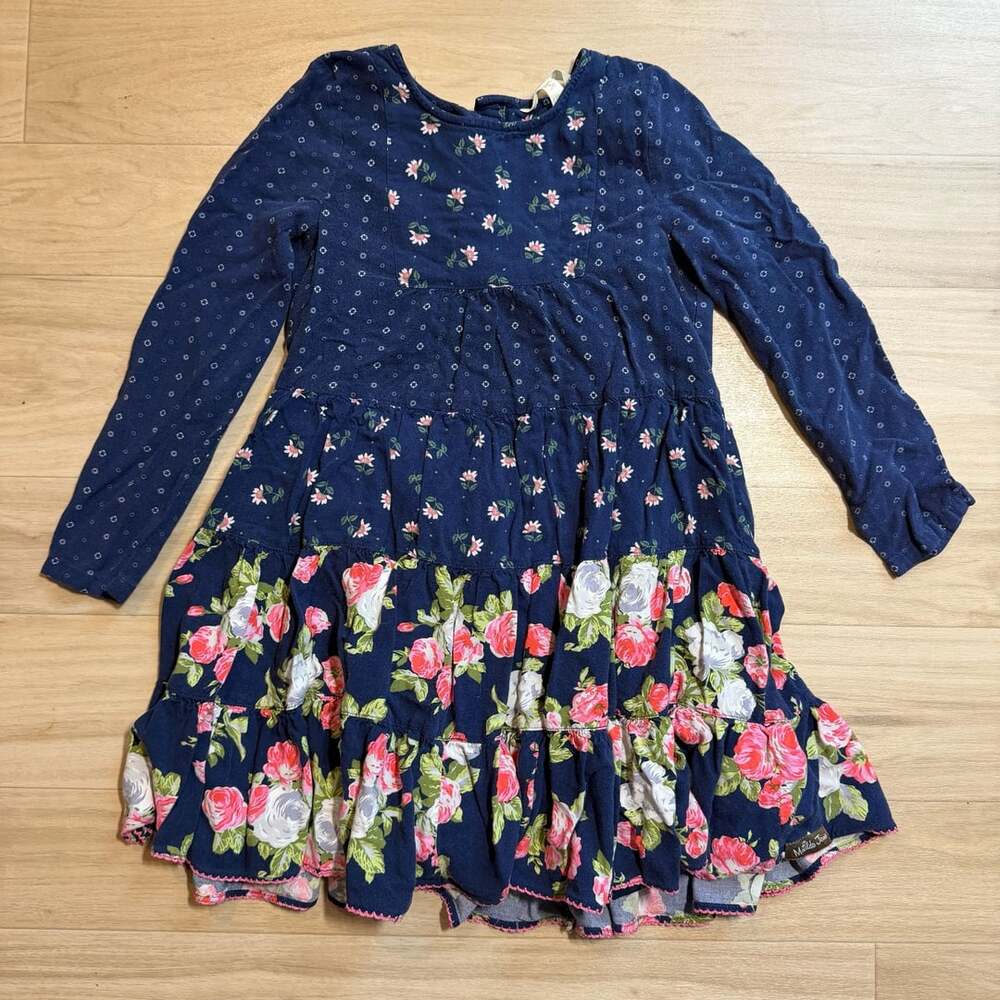 Matilda Jane Dream Chasers Twirl in Floral Dress Size 8 Blue Long Sleeve Tiered
